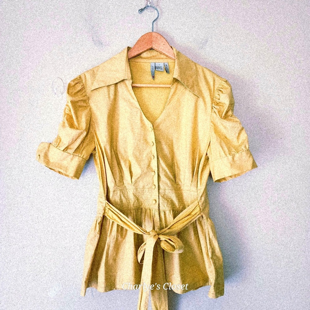Yellow Peplum Puff Sleeve Blouse L Tie Waist Stretch Y2K Coquette Summer Casual